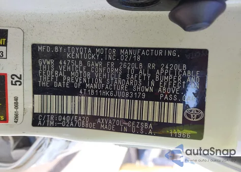 2018 Toyota Camry Se from USA, damaged, VIN 4T1B11HK6JU083179